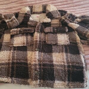 No Boundaries Brown Plaid Fuzzy Juniors Jacket